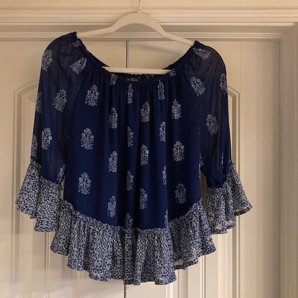 Lucky brand navy boho blouse-bell sleeve and ruffle at bottom